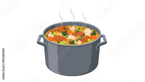 Hearty homemade stew bubbling gently in a large pot, a comforting blend of meats and vegetables perfect for a family meal