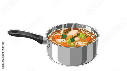 A vibrant, simmering pot of wholesome chicken and vegetable soup radiating warmth and flavor, perfect for a cozy mealtime