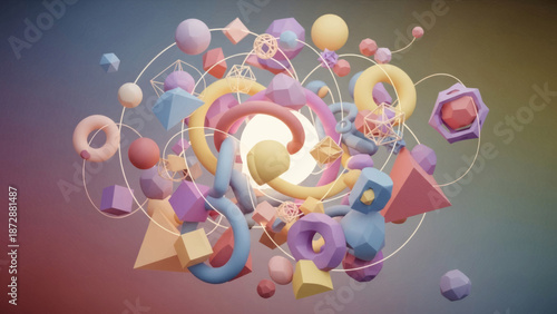 Colorful 3D Shapes Swirling in Abstract Motion on Gradient Background