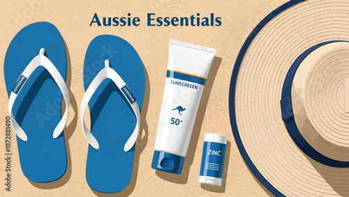 Aussie Essentials: Blue Thongs Sunscreen and Hat for a Sunny Day.