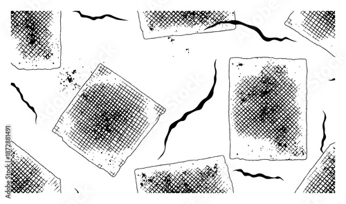 Seamless background pattern with textured square patches and wavy lines