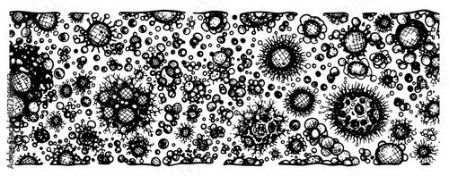 Hand drawn pattern showing microscopic virus cells and bacteria germs