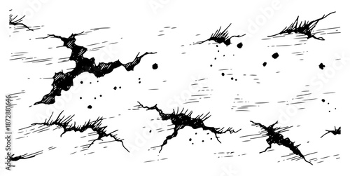 Black and white sketch of cracked ground or broken wall fissures