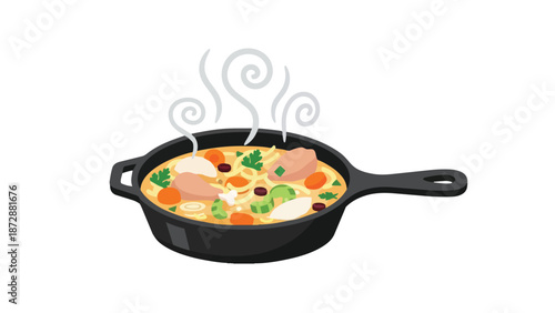 Deliciously simmering chicken and vegetable stew in a black cast iron pan, creating a warm and comforting culinary experience perfect for a hearty