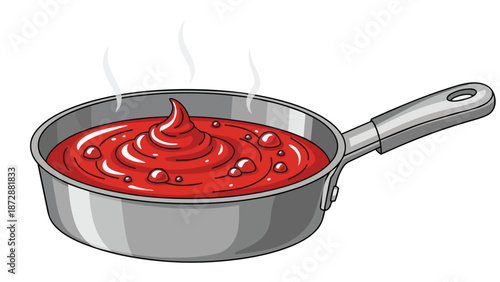 Vibrant bubbling red sauce simmering in a metal saucepan, emitting gentle steam a delicious culinary preparation
