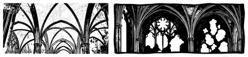 Panoramic gothic archway corridor with vaulted ceiling in woodcut style