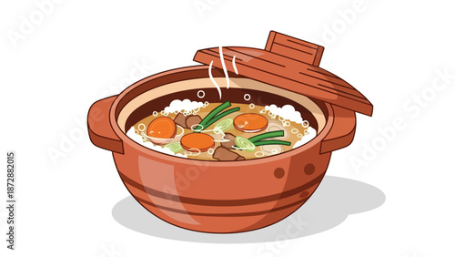 A vibrant illustration of a traditional Japanese-style clay pot, featuring a delicious, steaming hot stew with fresh vegetables and tender meats,
