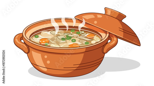 A delightful steaming traditional ceramic pot of savory soup, brimming with wholesome vegetables, evokes a comforting, freshly prepared meal,