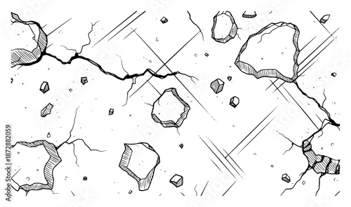 Falling rocks and debris with cracks and motion lines