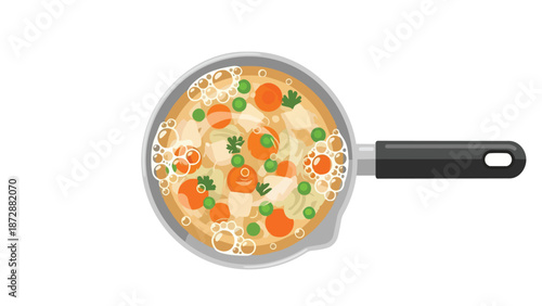 Vibrant illustration of a wholesome vegetable broth simmering gently in a saucepan, showcasing a delightful blend of peas, carrots, and herbs,