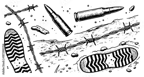 Military grunge background with boot prints barbed wire and bullet casings