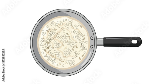 Overhead graphic of a cooking pan with creamy, textured mixture and small grains. Symbolizes food preparation, home cooking, kitchen scenes, clean,