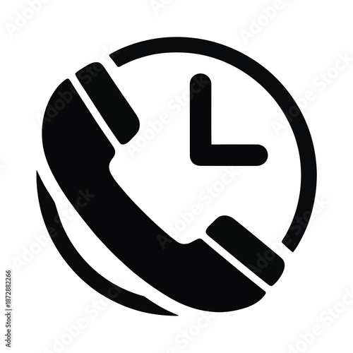 Black vector icon shows a telephone receiver with a clock symbol inside
