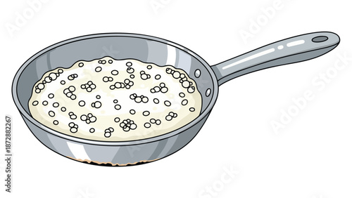 Vibrant animated depiction of a kitchen frying pan, holding a thick, bubbly white batter actively cooking on a heat source, illustrating simple