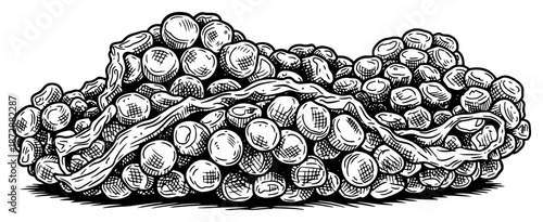 Detailed engraving of a biological cluster of eggs or organic spheres wrapped in tissue