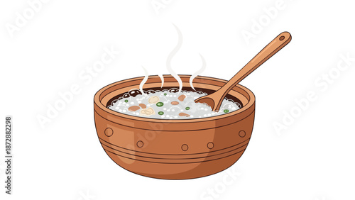 A beautifully rendered illustration of a warm, steamy bowl of traditional grain porridge with a spoon, offering comfort and healthy sustenance for a