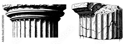 Set of broken ancient greek marble column ruins in vintage engraving style