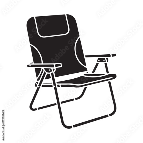 A simple black and white silhouette of a modern folding camping chair with armrests