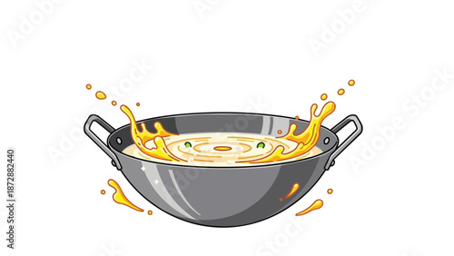Vibrant culinary splash erupting from a traditional cooking pot, illustrating dynamic food preparation or liquid fusion with energetic droplets