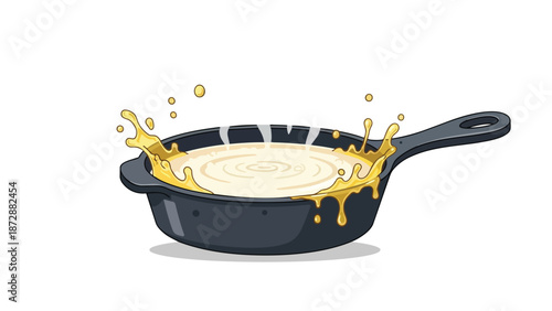 Vibrant culinary illustration showcasing a dynamic cooking scene with hot liquid and fat sizzling in a cast-iron pan, perfect for food preparation