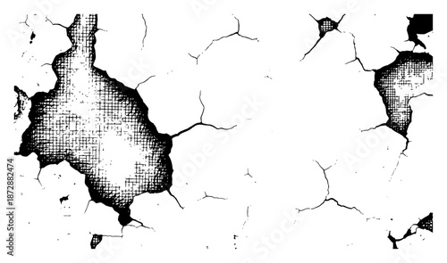 Damaged white wall texture with large holes and cracks