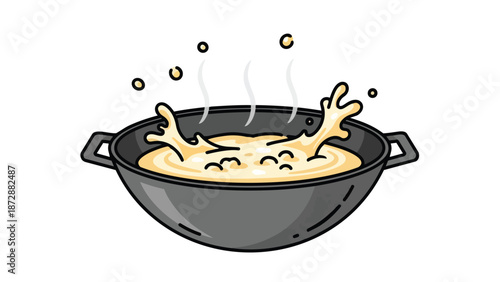Vivid cartoon of creamy liquid boiling with vigorous splashes in a dark pot and playful steam