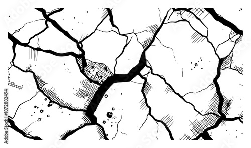 Abstract network of heavy cracks and fissures with crosshatching
