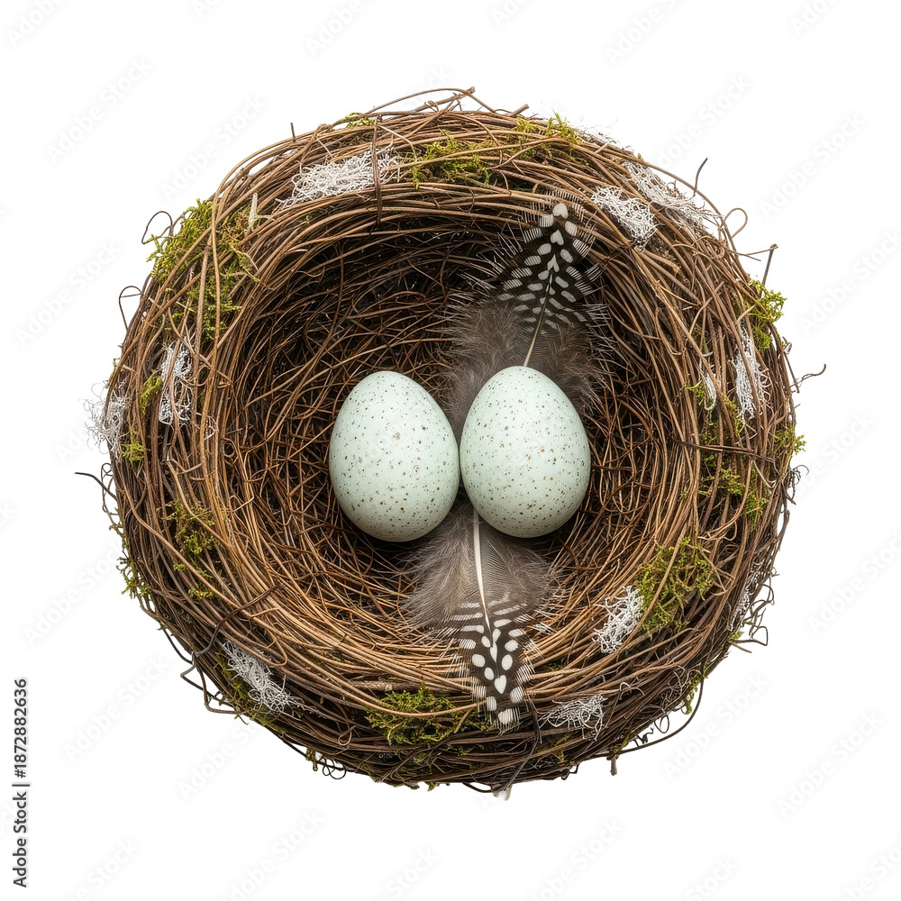 Fototapeta premium Bird Nest Two Eggs Feathers Black Background