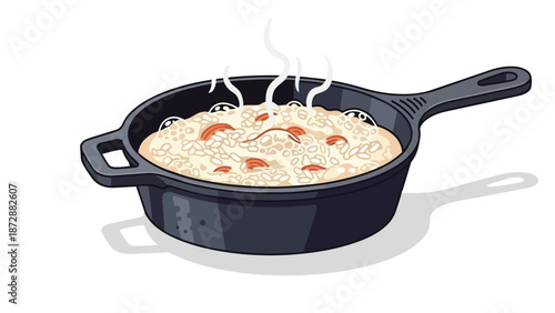 A heartwarming culinary creation, an illustration of a steaming hot meal bubbling gently within a sturdy cast iron skillet, perfect for comfort food