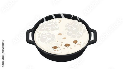A captivating illustration of a pot brimming with actively boiling grains and frothy foam, emitting gentle wisps of steam. This minimalist graphic