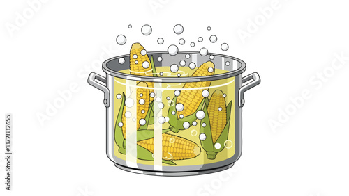 Freshly harvested golden corn cobs gently simmering in clear, bubbling water inside a transparent cooking pot, preparing a wholesome, sweet snack