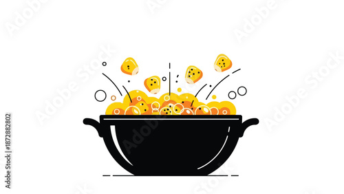 Vibrant minimalist illustration capturing the energetic transformation of golden corn kernels popping joyfully from a sleek black pot on a clean