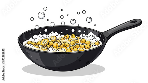 A vibrant, engaging cartoon artwork illustrates golden kernels energetically bubbling within a dark, sleek cooking pan, depicting a dynamic, warm