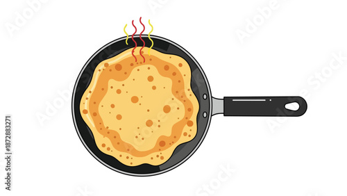 Golden pancake cooking in a dark frying pan, emitting steam. This inviting illustration captures the warmth and freshness of a homemade breakfast,