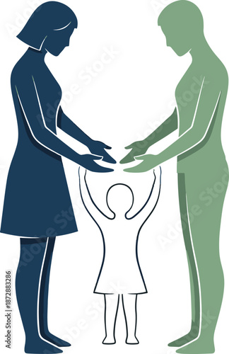 Stylized blue and green graphic of parents protecting a child, family care concept