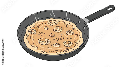 Cartoon illustration of a golden pancake sizzling with active bubbles in a hot frying pan