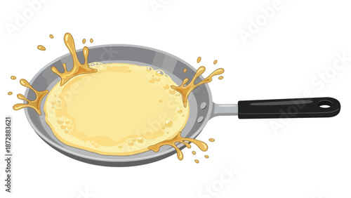 Dynamic cartoon illustration of golden pancake batter actively sizzling and splashing in a silver frying pan on a clean white background. Capturing