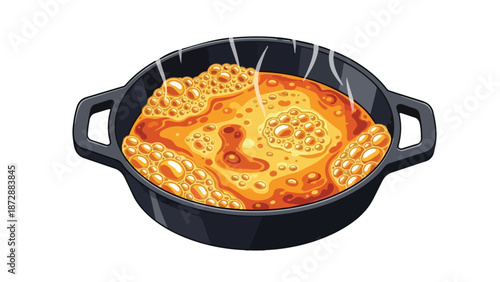 Vibrant illustration of golden liquid vigorously boiling and bubbling in a dark cast iron pan, depicting a delicious cooking process with steamy