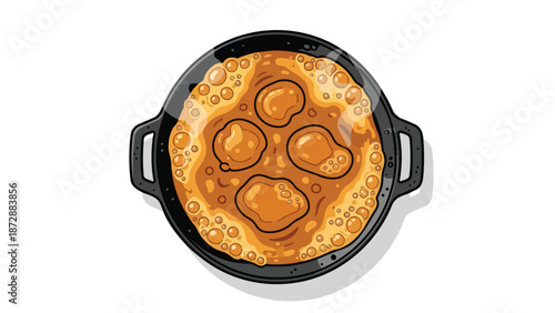 Hearty golden stew simmering in a rustic black cast iron pan overhead view bubbly delicious homemade meal comfort food cuisine warm inviting