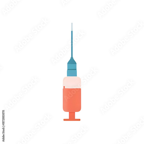 Syringe filled with liquid standing upright on its base