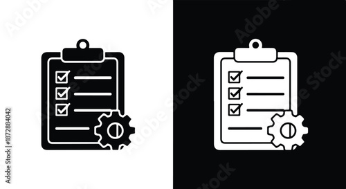 Settings gear checklist vector icon set flat design - icon set in line, solid and filled outline style, Flat Vector icon, icon, Editable stroke icon, Modern icon collection