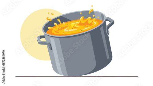 Dynamic culinary scene featuring a sturdy gray cooking pot vigorously bubbling with a vibrant, golden orange liquid splashing outwards, capturing