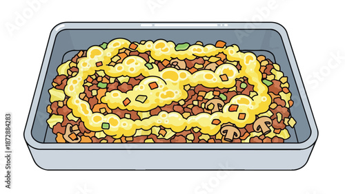 Delicious homemade oven-baked casserole dish illustration featuring ground meat, mixed vegetables, and a delightful creamy golden cheesy topping