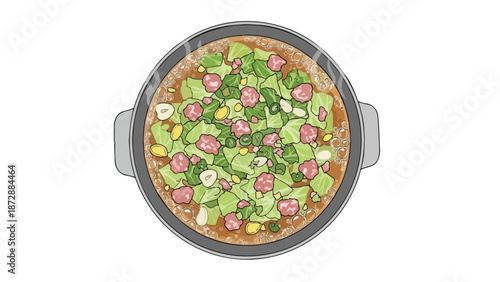 A vibrant overhead illustration of a steaming hot pot brimming with fresh green cabbage, savory meat chunks, and aromatic spices bubbling in a rich