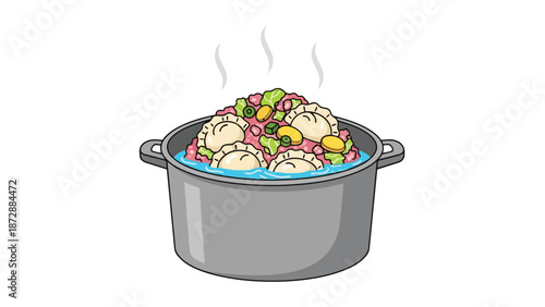 A vibrant illustration of a steaming pot overflowing with delicious dumplings and mixed vegetables simmering gently.