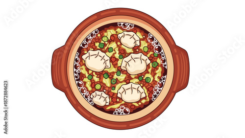 Delicious bubbling stew with savory dumplings cooking in a rustic earthenware pot, a heartwarming illustration of comfort food perfect for any