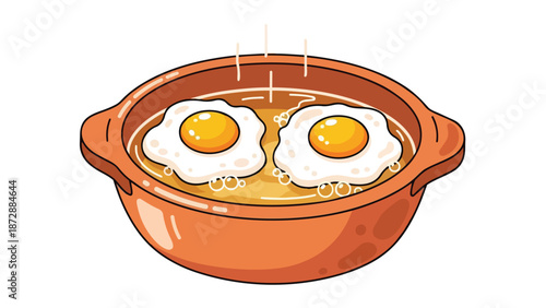 A cheerful culinary illustration depicting two perfectly cooked golden-yolked eggs gently simmering in a charming, rustic earthenware bowl with