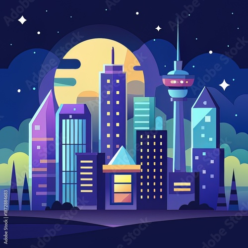colorful night city skyline illustration