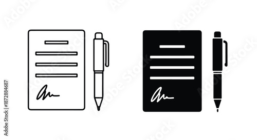 Document and pen flat design vector icon set - icon set in line, solid and filled outline style, Flat Vector icon, icon, Editable stroke icon, Modern icon collection
