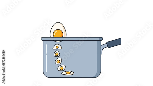 Abstract illustration of an egg undergoing transformation within a saucepan a visual metaphor for change and dissolution in cooking process.